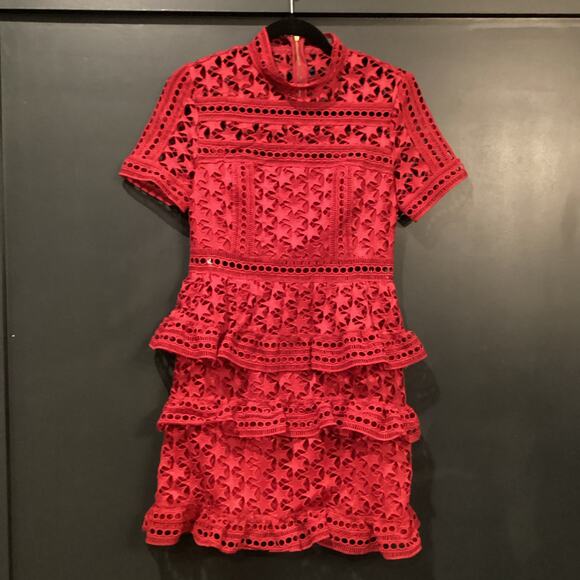Self Portrait Red Star Guipure Lace Paneled Red Mini Dress US6 UK10 - Picture 3 of 9